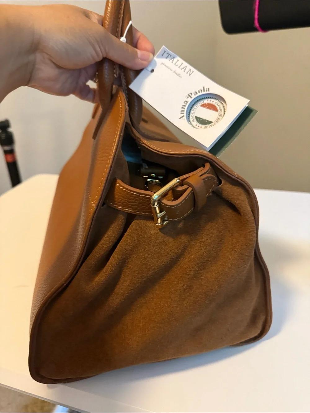 Classic Tan Leather Satchel with Rounded Top Handles